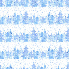 Hand drawn watercolor blue snowy winter forest trees presents snowflakes seamless pattern. Illustration isolated on white background. Can be used for textile wrapping fabric other printed products.