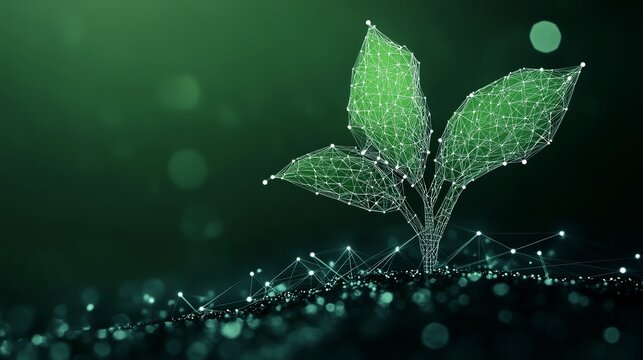 Modern green seedling growing with interconnected dots for innovative technology or eco-friendly sustainable solutions with a digital feel