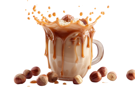 creamy hazelnut caramel beverage isolated on transparent background
