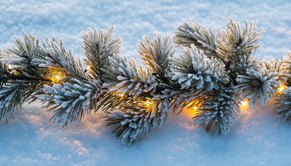 Snowy Pine Branch with Lights - A Winter Holiday Scene.