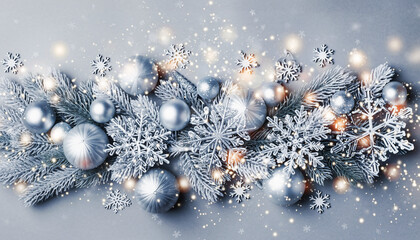 Silver Christmas Ornaments and Snowflakes on a Light Background.