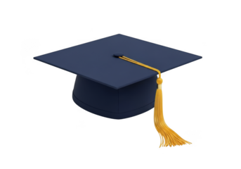 A classic navy blue graduation cap with a golden tassel is presented against a stark black background symbolizing academic achievement and the culmination of studies