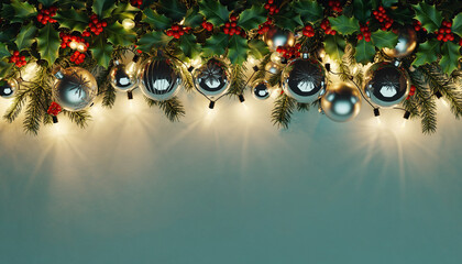 Festive Christmas Garland with Silver Ornaments and Warm Lights.