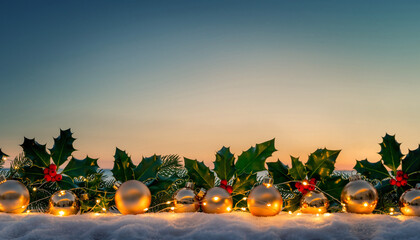 Festive Christmas Holly and Golden Ornaments Against a Twilight Sky.