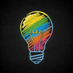 Vintage Chalkboard Graphic: Solution, Inspiration, and Brainstorming Element, Creative Doodle Illustration of a Rainbow Colored Light for Electric Power, brainstorming concepts in a playful, education