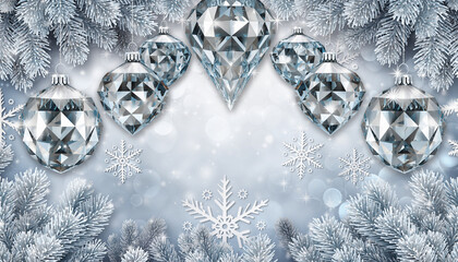 Sparkling Christmas Ornaments and Snowflakes on a Festive Background.