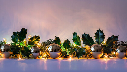 Festive Christmas Garland with Golden Ornaments and Holly Leaves.
