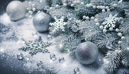 Silver Christmas Ornaments and Snowflakes on Snowy Branches.