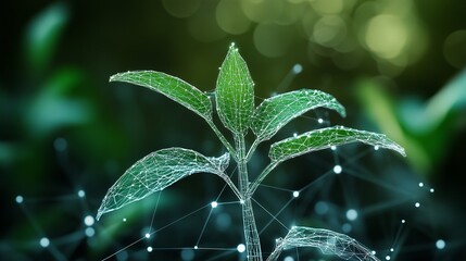 Stunning digital plant growth concept with vibrant green hues and interconnected nodes, symbolizing innovation and sustainable technology solutions
