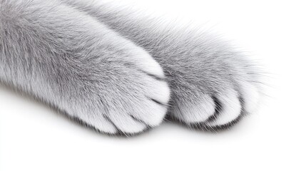 Captivating close-up of adorable gray cat paws with fluffy fur highlighting their delicate beauty against a clean white backdrop