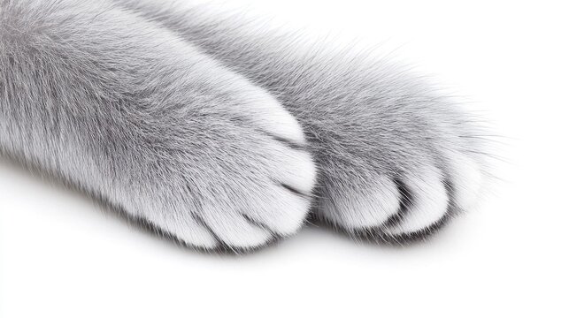 Captivating close-up of adorable gray cat paws with fluffy fur highlighting their delicate beauty against a clean white backdrop
