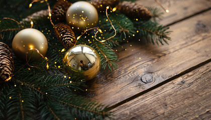 Festive Christmas Arrangement with Golden Ornaments and Pine Cones.