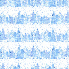 Hand drawn watercolor blue Christmas trees presents snowman and snowflakes seamless pattern. Illustration isolated on white background. Can be used for textile wrapping fabric other printed products.