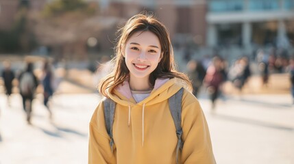 Young asian woman student smiling with a backpack on a university campus. Happy female college life and education concept.