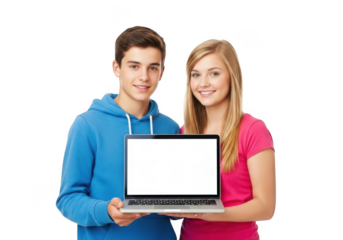 Smiling young couple holding a laptop with a blank white screen against a black background ready for digital content creation and online engagement