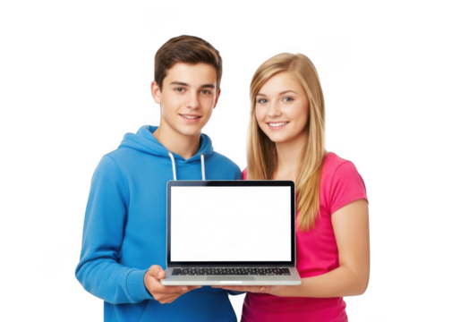 Smiling young couple holding a laptop with a blank white screen against a black background ready for digital content creation and online engagement - Powered by Adobe