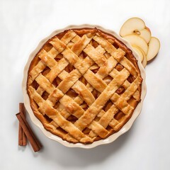 Overhead view of a lattice crust apple pie in a ceramic dish with cinnamon sticks and apple slices nearby