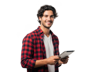 Young man smiling holding a tablet computer in a studio portrait against a black background