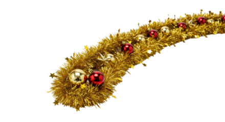A luxurious christmas garland of detailed gold tinsel and reflective crimson, gold, and silver ornaments, isolated on a transparent background with copy space, high-key macro product shot. Concept
