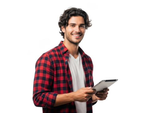 Young man smiling holding a tablet computer in a studio portrait against a black background