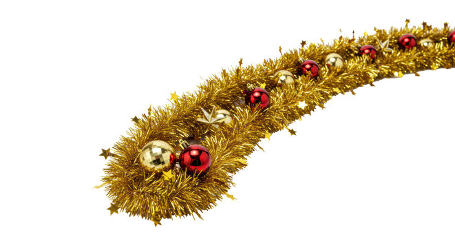 A luxurious christmas garland of detailed gold tinsel and reflective crimson, gold, and silver ornaments, isolated on a transparent background with copy space, high-key macro product shot. Concept - Powered by Adobe