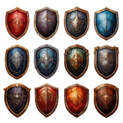 Array of ornate medieval shields with diverse colors