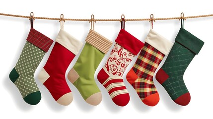 Assorted christmas stockings hanging on a rope against a white background, festive holiday decorations