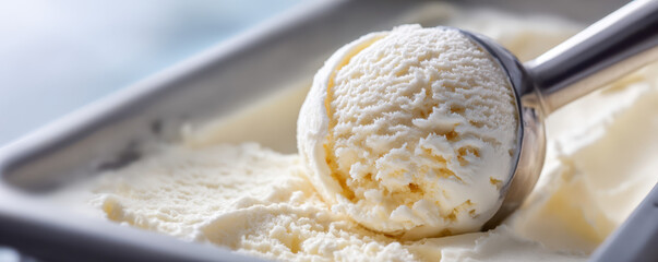 Close-up view of a metal ice cream scoop serving creamy vanilla ice cream from a container on a light blue background