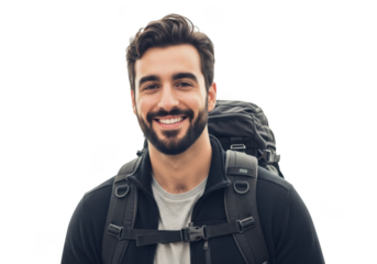 Smiling adventurous man with backpack ready for outdoor exploration and exciting journeys
