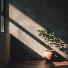 Potted green plant casting shadows on textured wall with window light potted plant leaves
