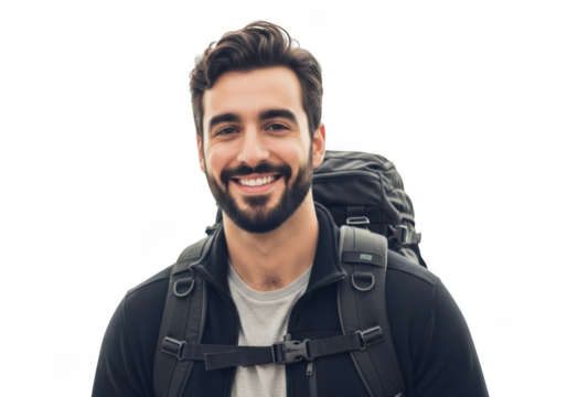 Smiling adventurous man with backpack ready for outdoor exploration and exciting journeys