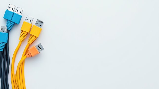 Colorful network cables and connectors create a vibrant digital landscape against a clean white backdrop - Powered by Adobe