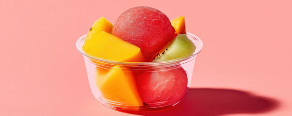 Colorful assortment of fresh fruit including watermelon, mango, kiwi, and pineapple in a clear plastic cup on a pink background