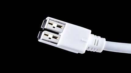 Close-up view of an RJ45 white network cable highlighting connectors against a striking black background for modern tech visuals