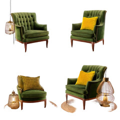 Four green armchairs with lanterns and cushions