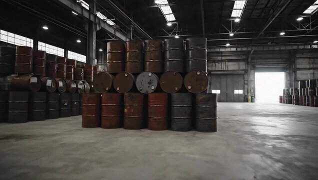 Interior warehouse scene featuring stacked oil barrels, industrial storage, and open loading bay.