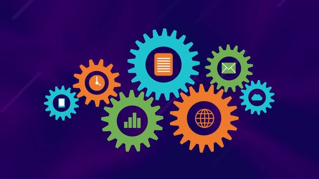 Business Process and Workflow System with Interlocking Gears and Icons vector, Integrated Workflow with Iconic Gears