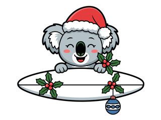 A cute cartoon koala wearing a Santa hat holds a surfboard decorated with holly and a Christmas ornament.