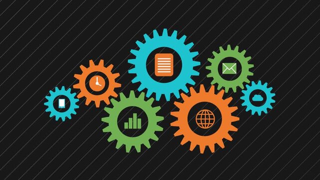 Business Process and Workflow System with Interlocking Gears and Icons vector, Integrated Workflow with Iconic Gears