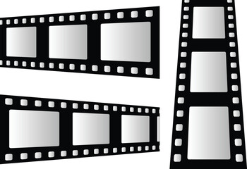 Old grunge movie film long strip set, vintage filmstrip roll frame, vector photo background. Video or movie filmstrip overlay, cinema or photograph camera long film strips collection in flat and line