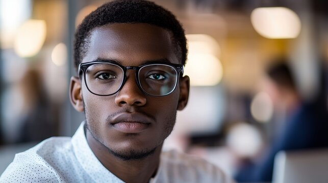 Confident young professional with glasses ready for success in modern office environment focused on growth and innovation with a diverse team around him