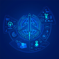 concept of aviation technology or aerospace engineering, graphic of airplane with control tower interface