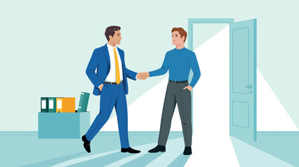 Obraz premium Two men in business attire shake hands in an office hallway as a door opens to a bright, welcoming space.
