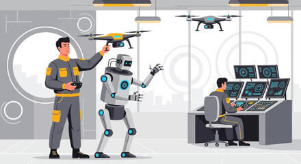 Futuristic workplace depicting human and robotic collaboration with drone surveillance technology