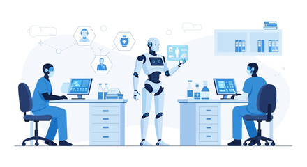 Healthcare automation concept illustrating robot assisting doctors in patient data analysis for