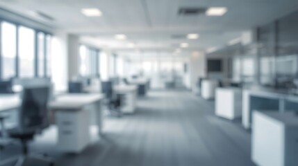 Blurry view of an open office space with desks chairs and large windows in a modern building