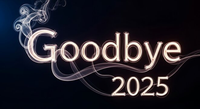 Goodbye 2025 text with smoke effect on a dark background