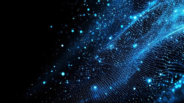 Blue digital particles on black background for futuristic tech banner