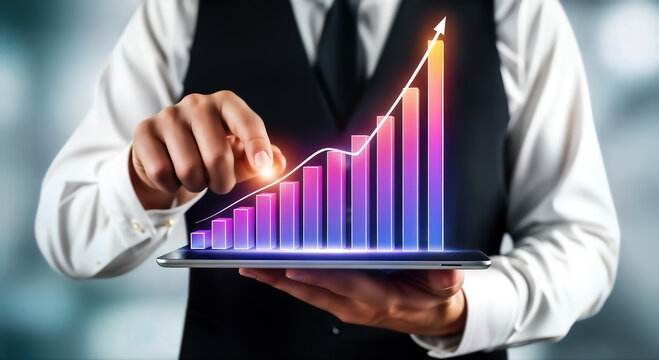 Businessman analyzing financial data on a tablet, showcasing business growth and success with a rising bar graph and arrow, indicating positive trends and achievements