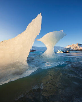 Calved Ice on Jokulsarlon Black Sand Beach, chunks of glacier ice in the lagoon, shaped by the elements. 